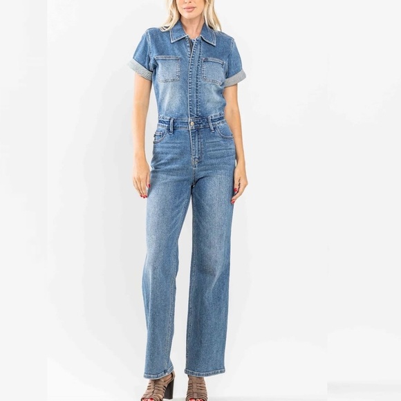 Judy Blue Pants - Judy Blue Jumpsuit Stretch Denim Short Sleeve Zip Front Coveralls Small